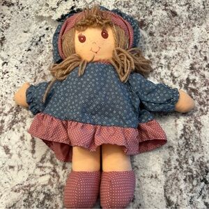 Vintage Victorian Rag Doll 16” , String Hair, Bonnet, Painted face